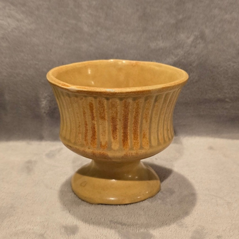 Vintage Mustard Yellow Ribbed Ceramic Footed Planter Pedestal Bowl MCM 4"